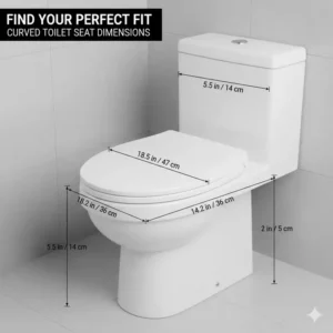 Technical drawing with measurements to help users choose the correct size curved toilet seat for their fixture.