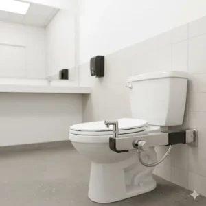 Photo depicting a commercial toilet with a fully installed bidet for commercial toilet in a typical high-end office restroom environment.