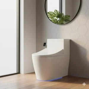 Close-up of the easy-to-use, intuitive side control panel (or a display screen) on the body of an electric auto bidet toilet.