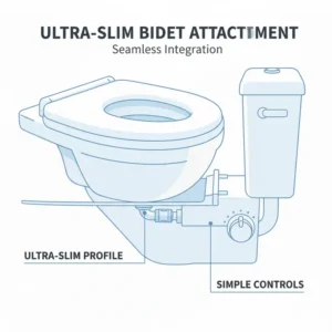 A side profile view of an ultra-slim dual nozzle bidet attachment designed for easy integration with most standard toilets.