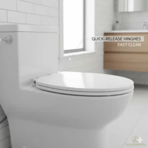 Example of a heavy-duty, wood-look resin toilet seat for one piece toilet with durable construction.