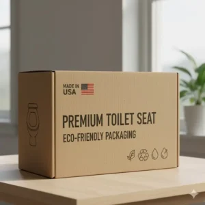Image of the environmentally friendly packaging used for shipping a durable toilet seats made in USA.