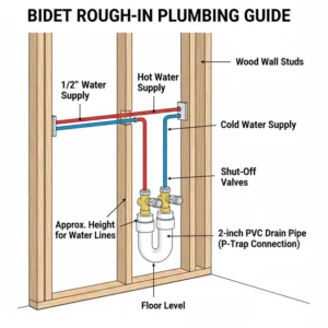 An illustration of the rough-in bidet plumbing fixtures required for a new construction installation of a standalone bidet.