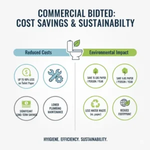 An infographic chart detailing the long-term cost savings on toilet paper and plumbing maintenance by using a commercial bidet system.