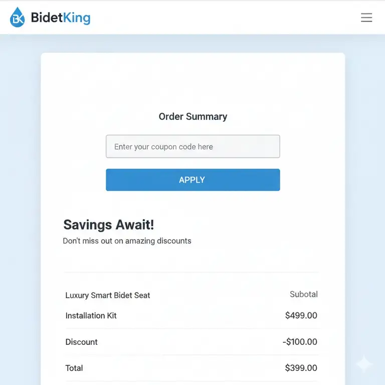 A graphic displaying the bidetking coupon code input field on a checkout page, emphasizing savings on a bidet seat purchase.