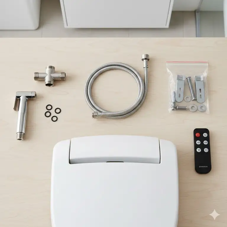 A complete collection of essential bidet parts and installation components laid out on a clean surface.