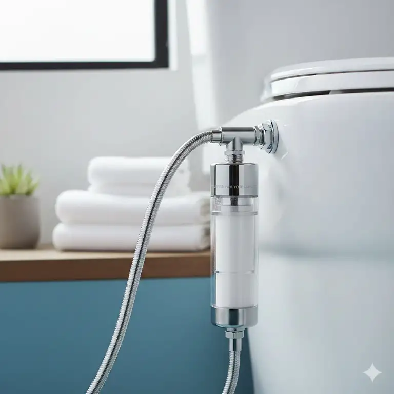 A premium bidet water filter installed on a modern toilet for clean hygiene.