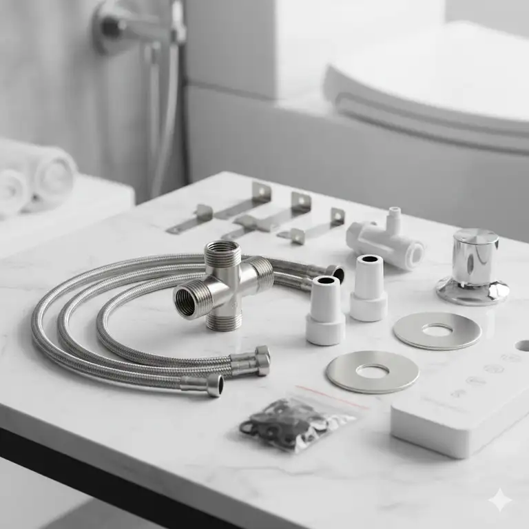 A complete kit of replacement toilet bidet parts including a T-adapter, metal hose, and mounting accessories on a white marble surface.
