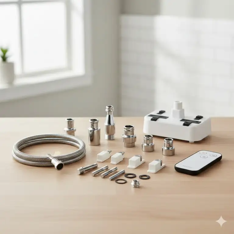 High-quality collection of various bidet replacement parts including hoses and adapters for bathroom maintenance.