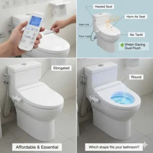 Close-up of a user adjusting the settings on the wireless remote control for a smart best toilet bidet combination.