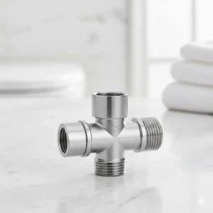 Close-up of a stainless steel T-valve adapter, an essential component among replacement toilet bidet parts.