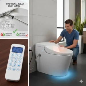 Close-up of the wireless remote control for the best toilet bidet combo, showing the buttons for adjusting water temperature, pressure, and dryer settings.