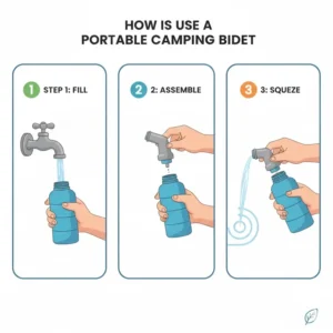 A step-by-step diagram showing how to operate the best camping bidet using a standard water bottle attachment.