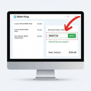 "Step-by-step guide showing where to enter the Bidet King discount code on the checkout page to activate your savings."