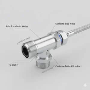 A metal T-valve adapter shown as essential bidet replacement parts for water supply connection.