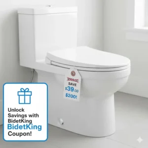 A new, electric bidet seat shown with a price tag highlighting the significant savings when applying a bidetking coupon.