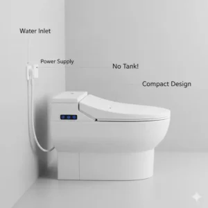 Side view illustrating the compact, tankless design of a luxury best toilet bidet combination unit, highlighting easy installation.