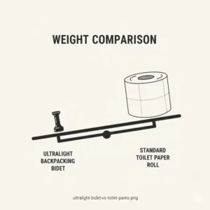 : A scale showing the ultralight weight of the best backpacking bidet compared to toilet paper.