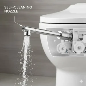 Diagram or close-up of the stainless steel, self-cleaning nozzle system retracting into the best toilet bidet combo seat.