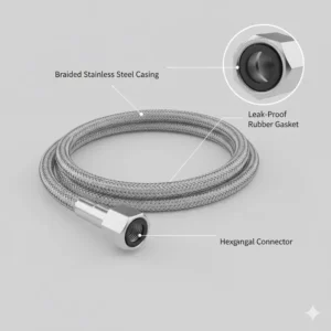Braided stainless steel hose used as durable bidet replacement parts to prevent water leaks.