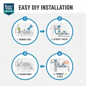 Simple diagram showing the easy, step-by-step installation of a bidet attachment after applying a Bidet King promo code.