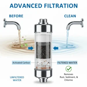 Diagram showing how a bidet water filter removes sediment, chlorine, and rust from water.