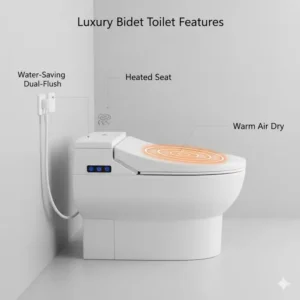 Diagram highlighting the comfort features of a premium best toilet bidet combination, including the heated seat and warm air dryer function.