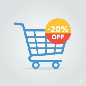 A shopping cart with a large discount percentage symbol, representing the value of using a bidet king coupon code at checkout.
