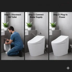 Step-by-step visual of a person installing the new smart unit which is often listed as the best toilet bidet combo, highlighting the simple hookup process.