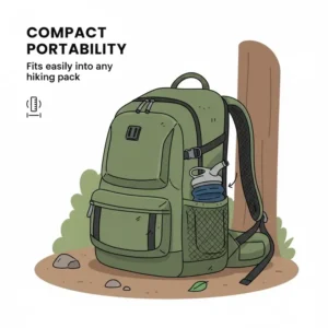 Illustration of a compact and lightweight best camping bidet fitting into a hiking backpack side pocket.