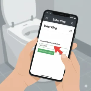 "Shopping for a bidet on a mobile device and using a Bidet King discount code for a quick checkout process."