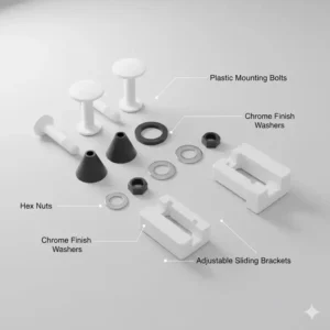 Toilet seat mounting hardware and brackets included in professional bidet replacement parts kits.