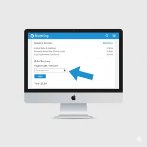 The BidetKing shopping cart or checkout page with an arrow pointing to the designated entry box for a bidet king coupon code.