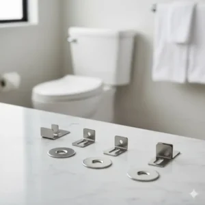 Plastic mounting brackets and circular plates used for installing replacement toilet bidet parts on a standard toilet.