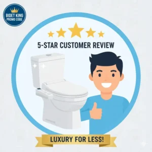 A graphic showing a smiling person or a 5-star rating icon, representing satisfaction after using a Bidet King promo code.