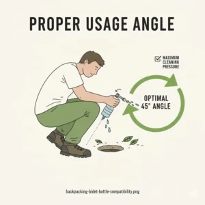 Instructional drawing showing the effective cleaning angle of the best backpacking bidet.
