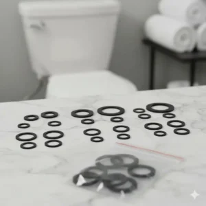 A set of black rubber sealing washers and O-rings found in a typical replacement toilet bidet parts repair kit.