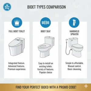 A chart or graphic comparing different types of bidet products available with a Bidet King promo code.