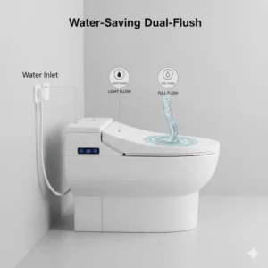 Image showing the activation of the water-saving dual-flush system on a high-efficiency best toilet bidet combination.