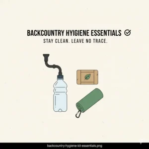 A complete backcountry hygiene kit including the best backpacking bidet and soap.