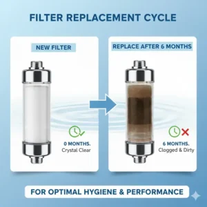 Comparison between a new and old bidet water filter to show the replacement cycle.