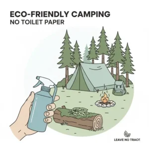 An eco-friendly camping scene showing how the best camping bidet reduces waste by eliminating toilet paper.