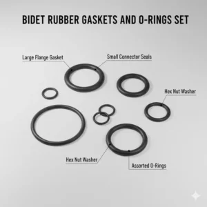 Assorted rubber gaskets and sealing O-rings used for installing bidet replacement parts without leaks.