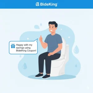 An illustration of a satisfied customer smiling, happy with the great price they received using a bidetking coupon.
