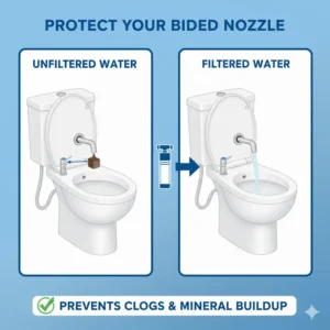 Graphic showing how a bidet water filter protects the bidet nozzle from mineral buildup.