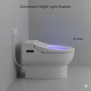 The soft glow of the illuminated bowl, demonstrating the convenient night light feature of a best toilet bidet combination.