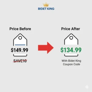 A visual comparison chart showing the original product price crossed out and the new, lower price achieved by using a bidet king coupon code.