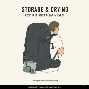 Illustration of the best backpacking bidet stored safely on a backpack for drying.