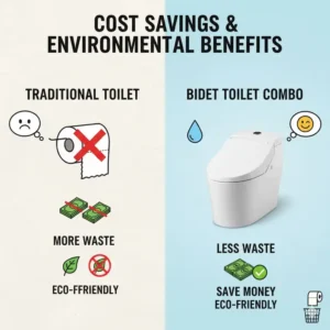 Graphic comparing the cost savings and environmental benefits of using the best toilet bidet combo versus traditional toilet paper.
