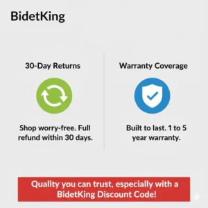 Icon graphic detailing the excellent warranty and returns policy that complements the value of a bidetking discount code.